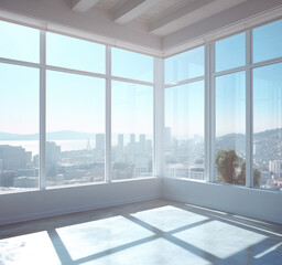 Fototapeta na wymiar View from a high building, sun light through windows, view into city skyline. Generative Ai.