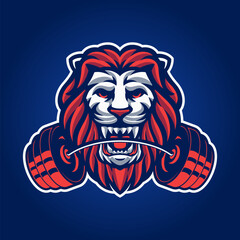 Lion head with barbell on mouth logo concept for fitness and gym