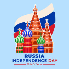 Russian National Day. Russia landmark with Russian flag on background and greeting text Russia Day on 12 June