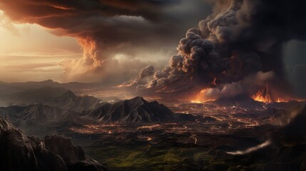 Volcanic landscape with erupting volcanoes, rivers of lava, and a dark, ominous sky filled with ash and smoke - obrazy, fototapety, plakaty