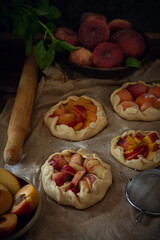Different homemade baked fruit tarts, galettes with apricot, peach and apple on dark background