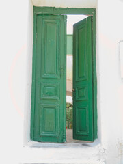 A vintage house entrance with an open green painted wooden door by the sidewalk on Mykonos island. Travel in Greece.