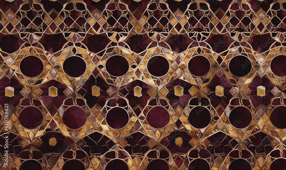Poster a close up of a wall made out of circles and circles of different sizes and shapes, with a gold and 