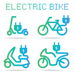 electric bike vector icons set : bike, scooter, motorbikes,  plug, eco power, transport, isolated