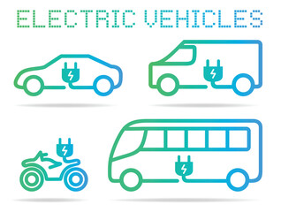 electric vehicles vector icons set : car, bus, van, plug, eco power, transport, green energy