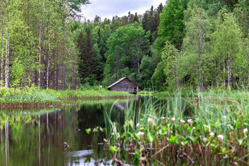 Old grain mill or watermill across the mill pond in summer in Kenozersky National Park, Arkhangelsk...
