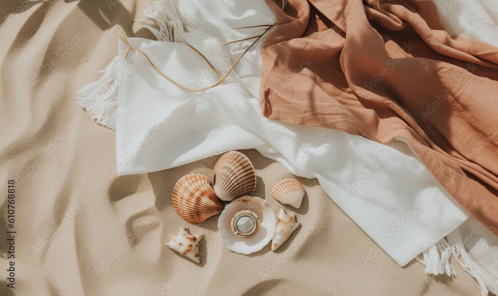 Poster shells and a blanket on a beach with a string of sea shells on the sand next to it and a pair of sun