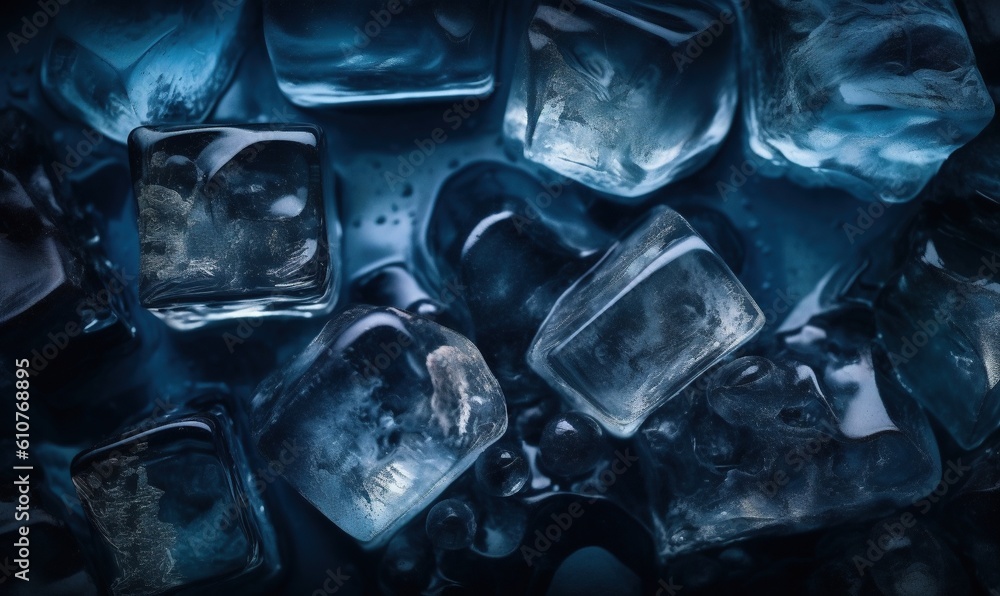 Poster a pile of ice cubes sitting on top of a table next to each other on top of a black tablecloth covere