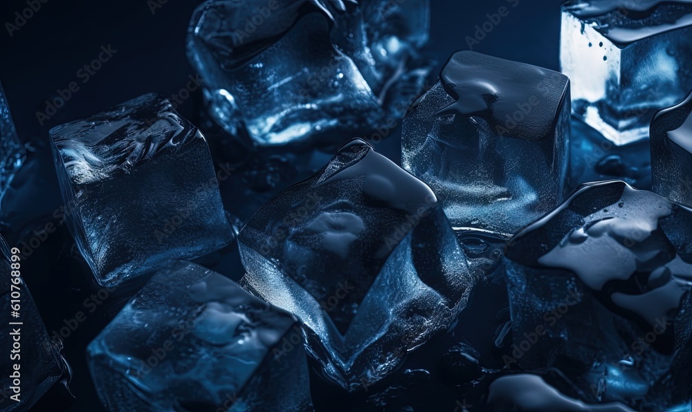 Aufkleber a pile of ice cubes sitting on top of a table next to a black background with a blue light on top of