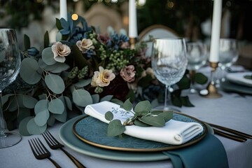 Fototapeta premium beautifully arranged dining table with place settings and cutlery. Generative AI