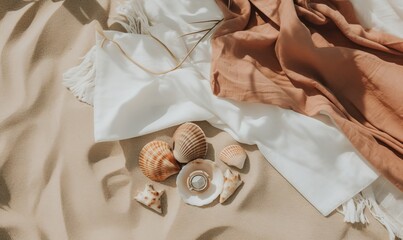  shells and a blanket on a beach with a string of sea shells on the sand next to it and a pair of sunglasses on top.  generative ai