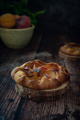 Different homemade baked fruit tarts, galettes with apricot, peach and apple on dark background