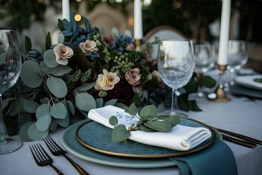 beautifully arranged dining table with place settings and cutlery. Generative AI