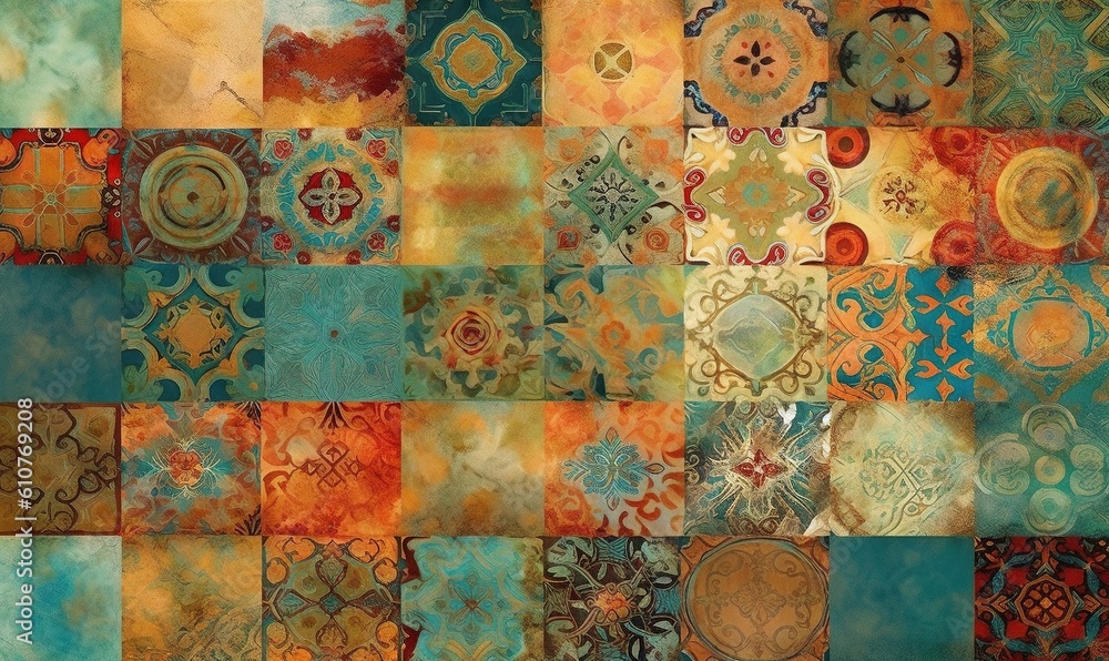 Poster a patchwork design with many different colors and patterns on it, including circles, circles, and ci