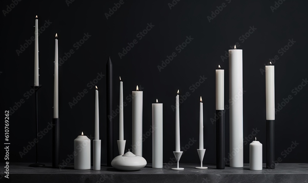 Poster a group of candles sitting on top of a table next to a vase with a candle holder on top of it and a 