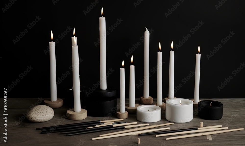 Poster a group of candles sitting on top of a wooden table next to rocks and candlesticks on top of a woode
