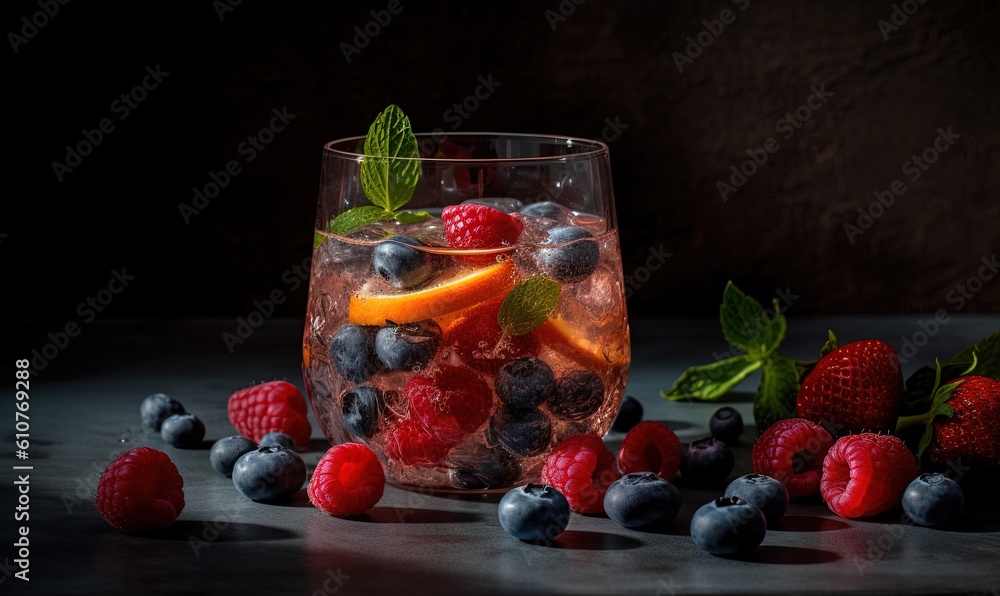 Poster a glass filled with ice and fruit on top of a table next to a pile of raspberries and blueberries on