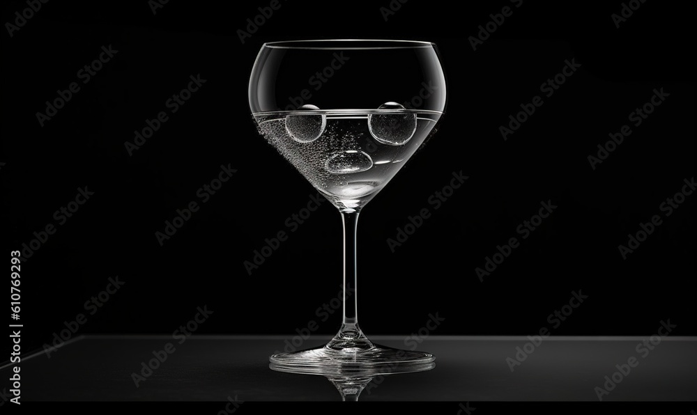Poster a wine glass with bubbles in it on a black background with a reflection of the wine glass in the gla