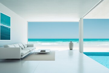 Fototapeta na wymiar A stunning summer beach house features an empty, sizable living room with a view of the sea and a pool next to the terrace. Large white wall serving as the background of a vacation home Generative AI
