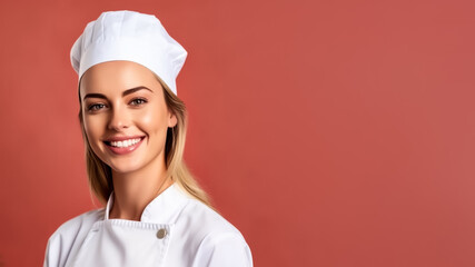 Portrait of smiling female chef, on a solid background, copy space, mockup, a fictional AI-generated person, Generative AI	
