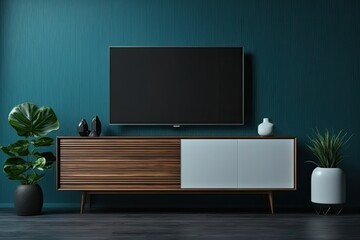 modern living room with a large flat screen TV mounted on the wall. Generative AI