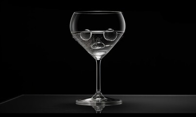  a wine glass with bubbles in it on a black background with a reflection of the wine glass in the glass and a black background with a reflection of the wine glass.  generative ai