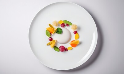  a white plate topped with a dessert covered in fruits and veggies on top of a white tablecloth next to a white wall.  generative ai