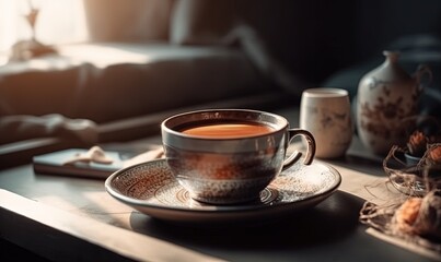  a cup of tea sits on a saucer on a table next to a vase and a tea bag on a tray with a tea bag.  generative ai