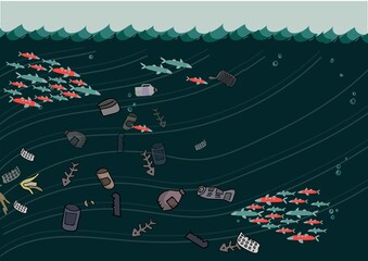 polluted ocean | book illustration | Cartoon fish  - obrazy, fototapety, plakaty