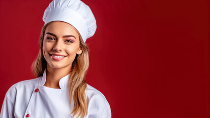 Portrait of smiling female chef, on a solid background, copy space, mockup, a fictional AI-generated person, Generative AI