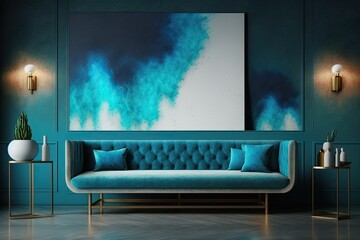 cozy living room with a modern couch and abstract art on the wall. Generative AI