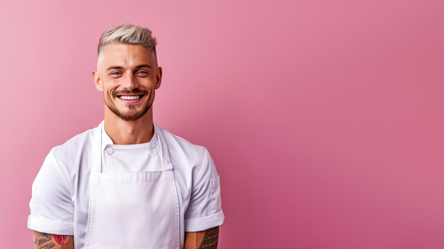 Portrait of smiling english male chef, on a solid background, copy space, mockup, a fictional AI-generated person, Generative AI	

