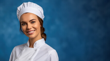 Portrait of smiling greek female chef, on a solid background, copy space, mockup, a fictional AI-generated person, Generative AI	
