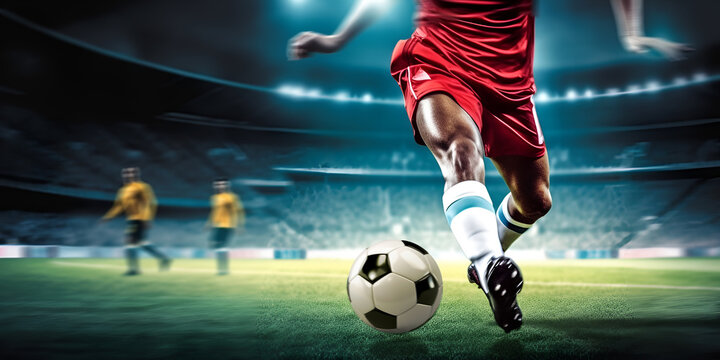 Professional soccer players or soccer player in action at the stadium with flashlights hitting the ball for the winning goal, wide angle. The concept of sport, competition, movement, overcoming.