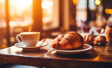 Barista's Delight: Inviting bar table with coffee and croissants, perfect for restaurant menus. Soft lights, create a cozy and relaxing atmosphere.generative AI,