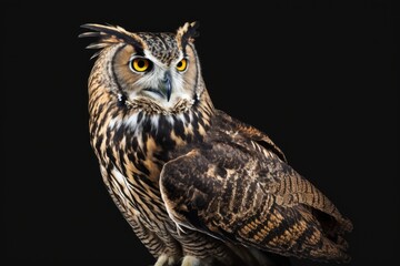 close-up of an owl on a black background. Generative AI