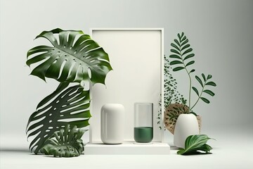 A product display podium with natural flora against a white background. Generative AI