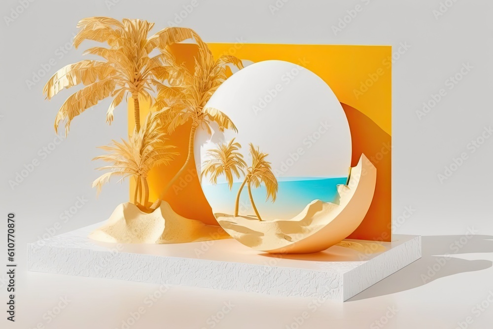 Poster example of an abstract minimalist display pedestal with a summer beach picture for displaying items 