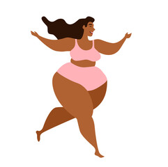 Bodypositive concept. Beautiful young active black woman plus size happy provocatively dancing in a bikini. Modern vector illustration cartoon character flat style