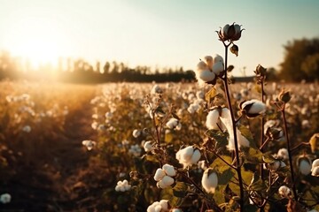 Cotton field on sunny day in evening before sunset. Ai generative