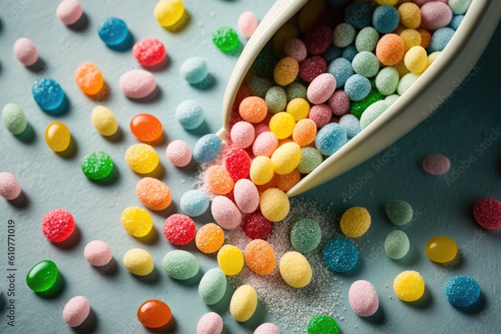 Poster variety of colorful candies displayed on a table with a spoon. generative ai