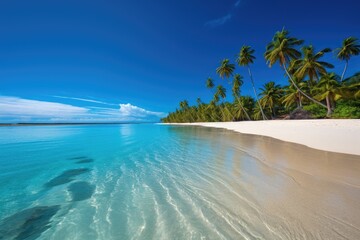 Fototapeta na wymiar Summer landscape, palm trees and blue calm sea. Generative AI