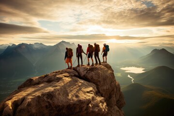 A team of climbers at the top of a high mountain in the light of the setting sun. - obrazy, fototapety, plakaty