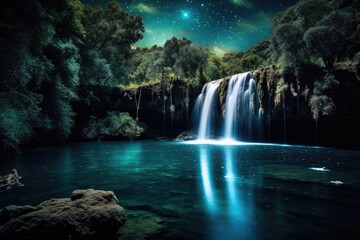 Beauty of a waterfall illuminated by the ethereal glow of the moonlight. Generative AI