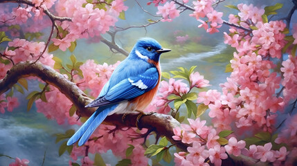 Bluebird perched on a flowering plant