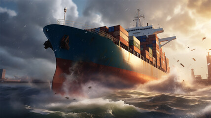 container ship caught in a storm with big waves and strong wind at sunset in cloudy weather, dangerous cargo transportation, created with Generative AI Technology.
