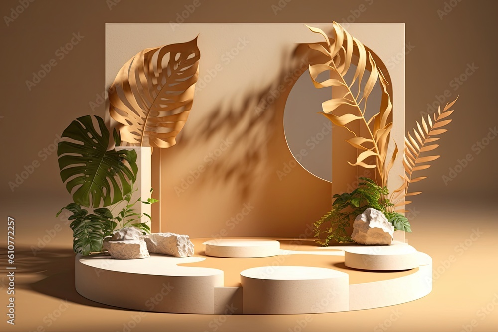 Poster a product display platform with natural vegetation in shadow over a brown background. generative ai