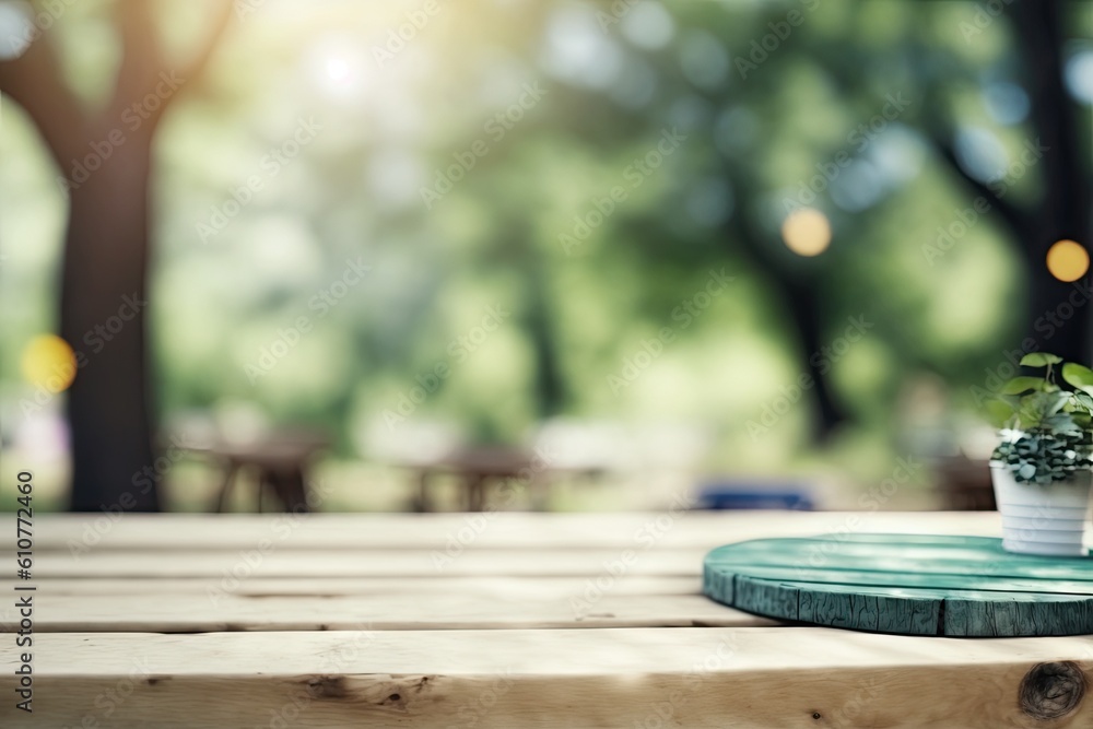 Aufkleber a blurred background of an empty wooden table with a backyard party. generative ai