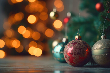 Obraz premium Christmas decoration. Christmas balls on table and ornaments over abstract bokeh background with copy space. Generative ai