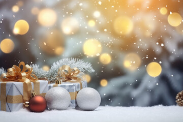 Christmas decoration. Gift boxes and Christmas balls on table and ornaments over abstract bokeh background with copy space. Generative ai